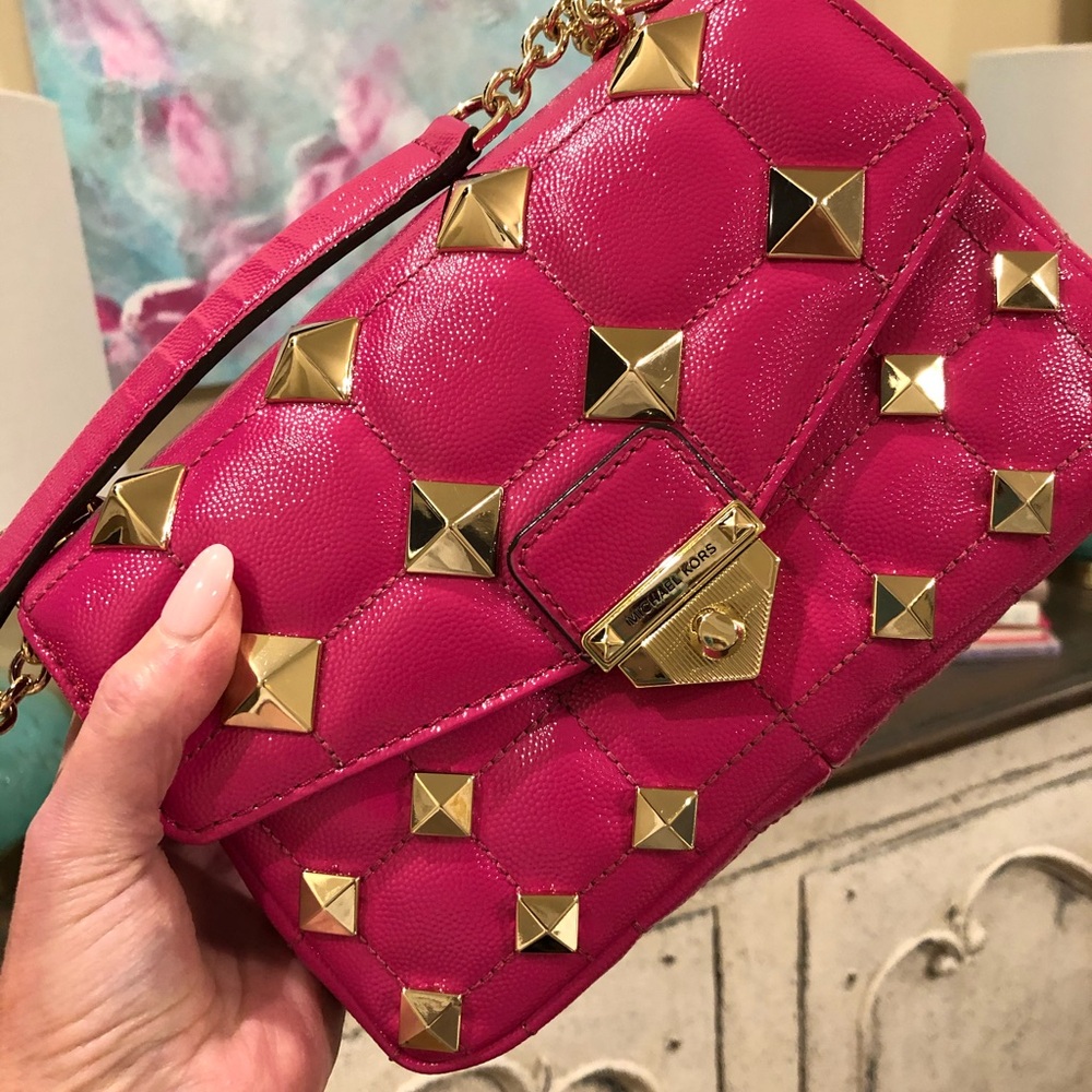 Pink Studded Leather Shoulder Bag